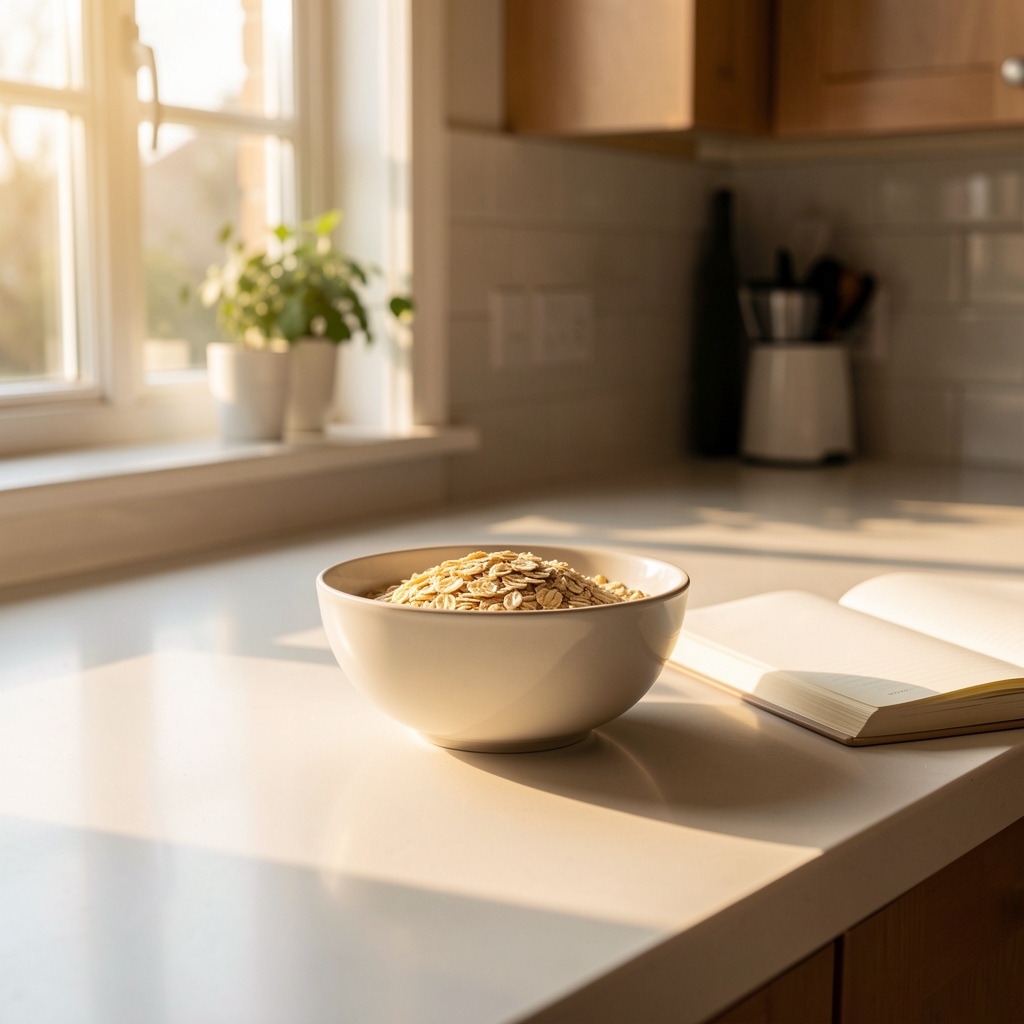 Morning kitchen scene with a bowl of oats on a clean countertop and warm sunlight streaming through a window, a food journal open nearby