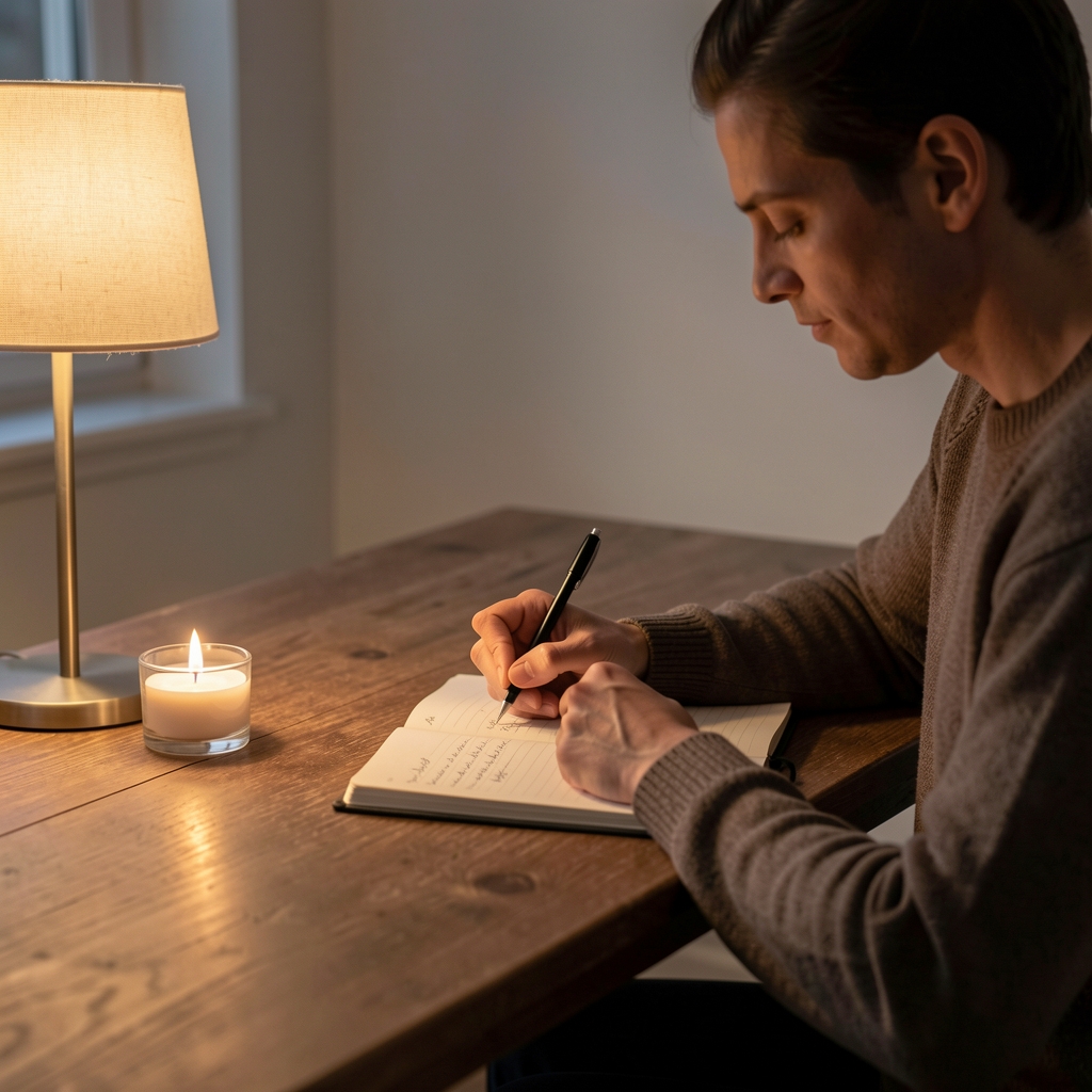 Person writing in a journal at a calm wooden desk in the evening with a small candle lit nearby and a muted lamp providing soft warm light