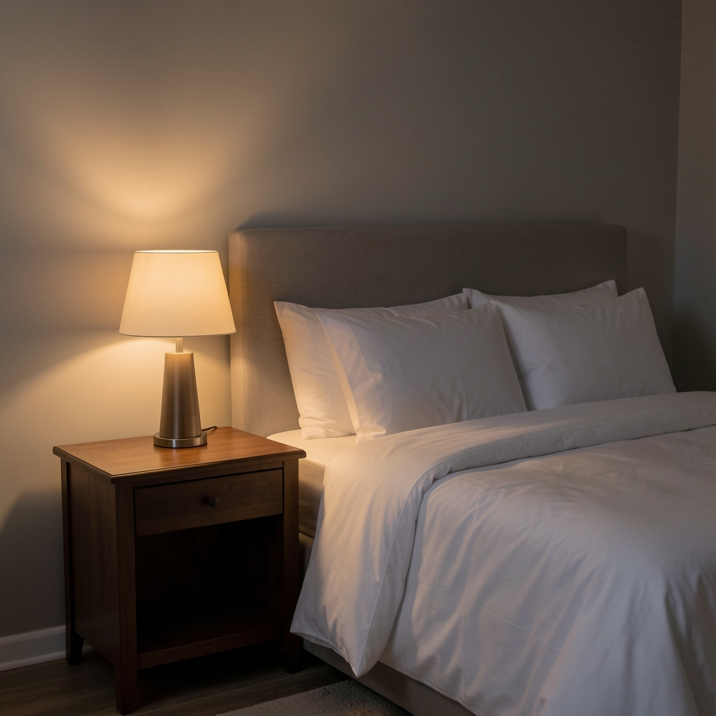 Dimly lit bedroom with soft warm lamplight on a bedside table next to a made bed with crisp white linen, suggesting a calm evening environment